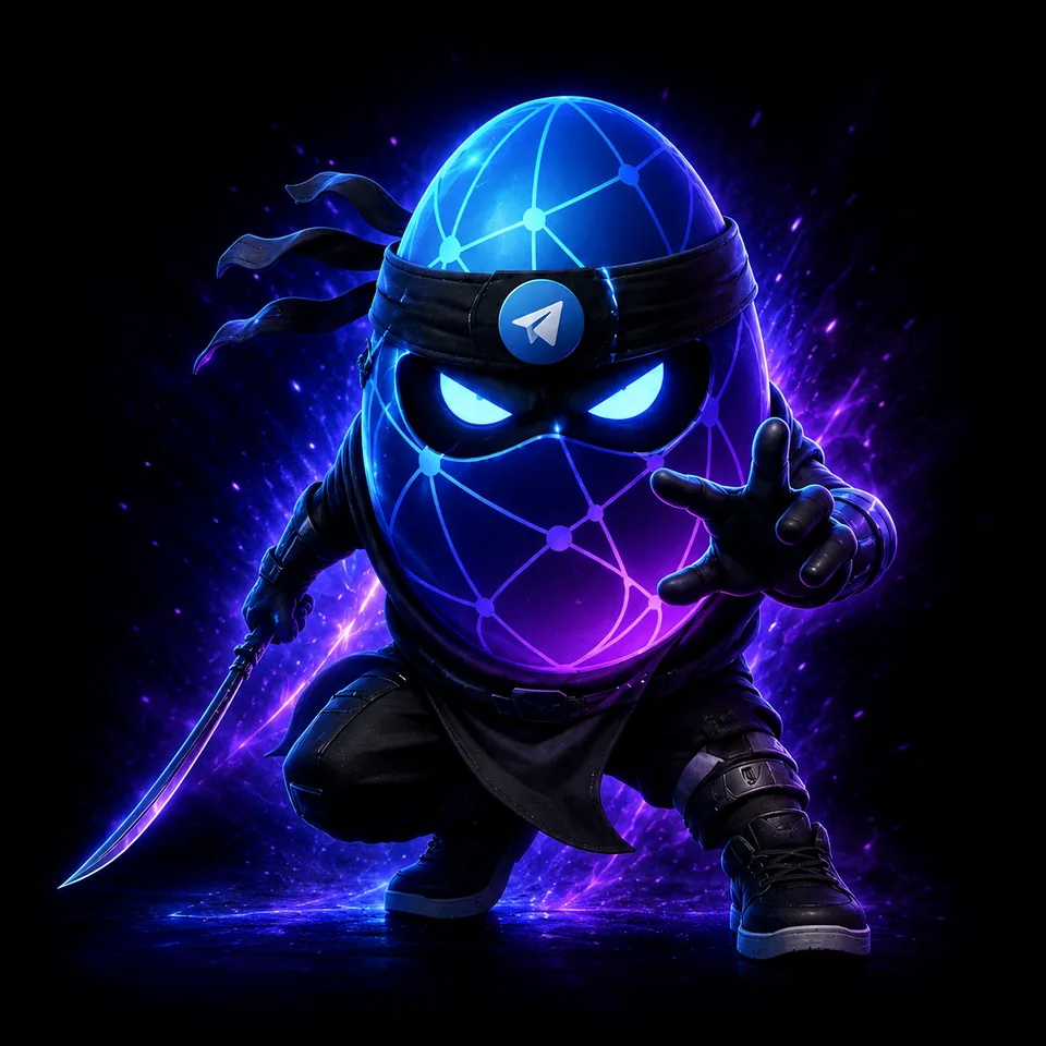 The COCOON ninja egg mascot holding a katana